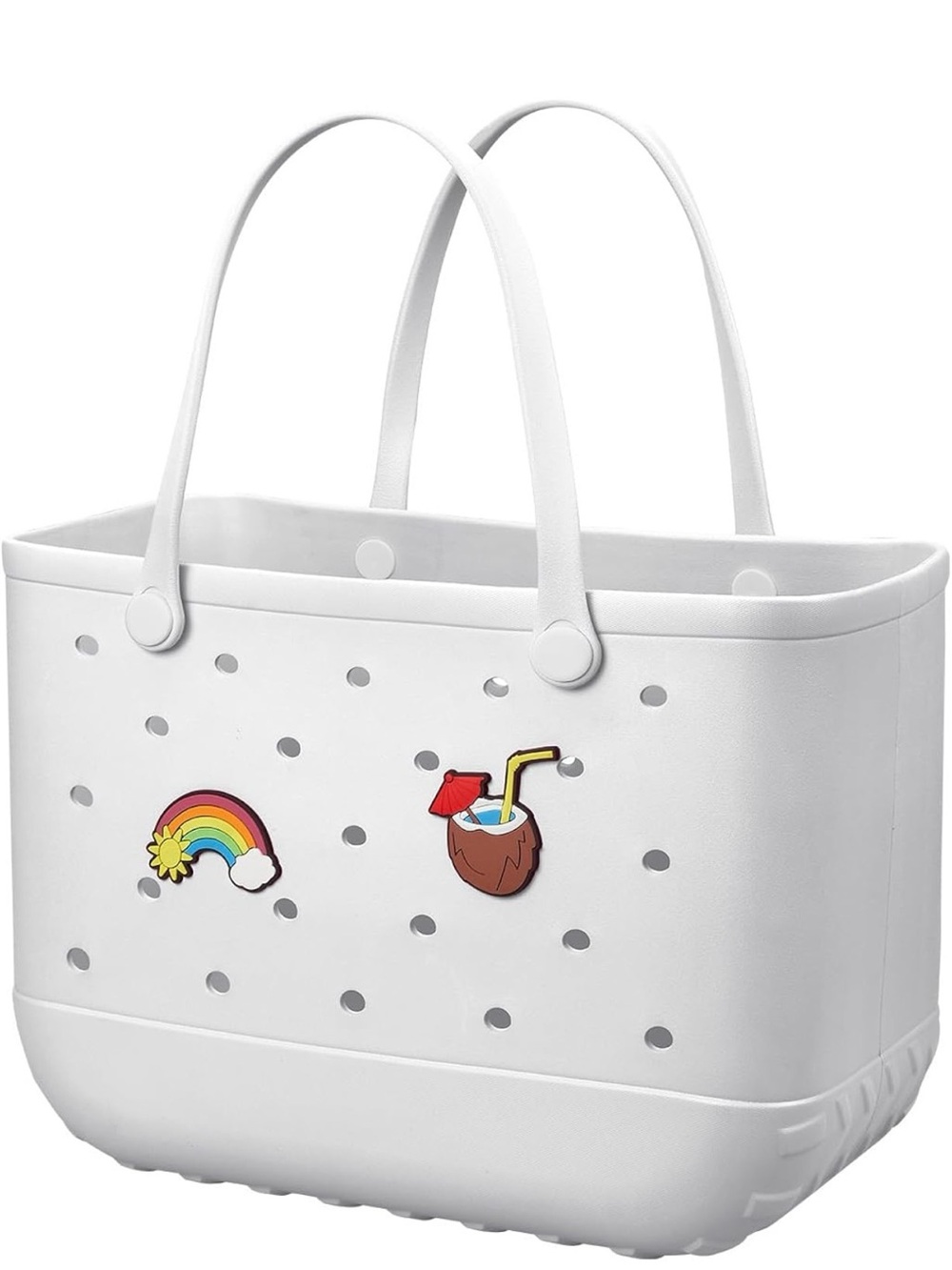 White Beach Tote with Rainbow & Coconut Charms